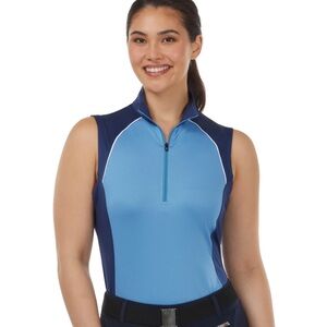 Sleeveless Two-Tone Light Blue and Navy Zip Mock Neck Top